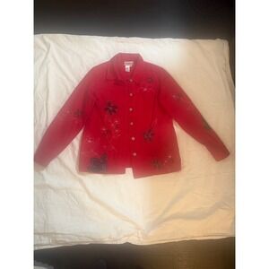 Coldwater Creek Red Cotton Embroidered Floral Button Up Shirt Women's Small